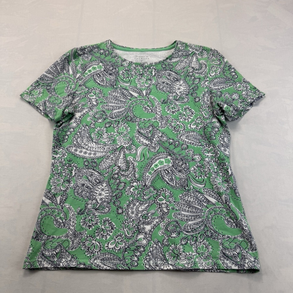 Talbots Womens Medium Green Paisley Cotton Stretch Short Sleeve T-Shirt